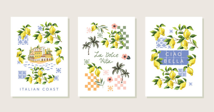 Poster collection. Lemon branches with yellow fruits, coastal town, blue ceramic tile, palm trees, white background. Prints for t shirt, text La Dolce Vita. Vector illustration. Italian summer design