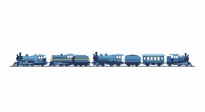 A retro, blue steam train with multiple carriages moves along tracks