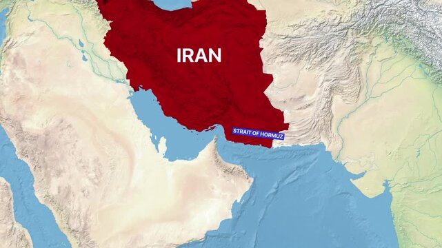 Geopolitical map showing Iran highlighted in red with surrounding countries and bodies of water, illustrating regional context and borders and strait of hormuz
