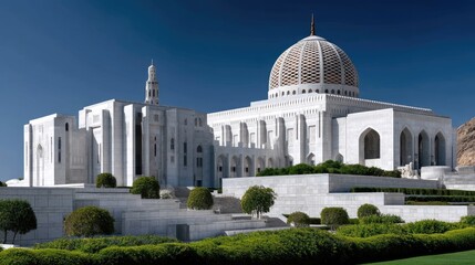 Wide view highlights the grand mosque's white stone structure and domes under a bright sky, showcasing impressive architecture