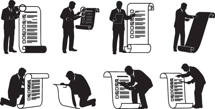 Black Solid Auditor Compliance Silhouettes Set of Six on White Background
