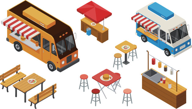Isometric food truck street food set, burger van, outdoor market stall, fast food kiosk, restaurant vehicle illustration collection