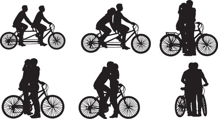 Fototapeta premium Black Solid Bicycle Riding Couple Hugs Set of Six on White Background