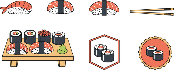 Japanese Sushi Nigiri and Maki Rolls Collection Vector Illustration Set © MstFarida