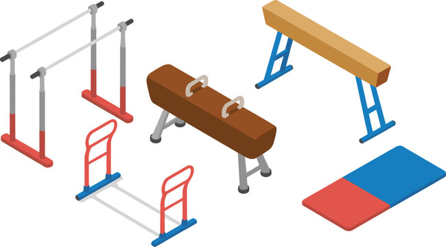 Isometric gymnastics equipment set, parallel bars pommel horse balance beam vault mat sports training illustration