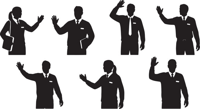 Black Solid Bus Driver Greeting Silhouettes Set of Six on White Background