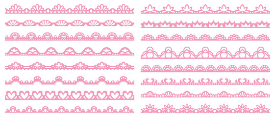 Fototapeta na wymiar Pink border set with beautiful scallop trim and decorative edges. Lace frame patterns with cute heart shapes, vintage crochet frills and delicate embroidery ribbons for romantic border designs.