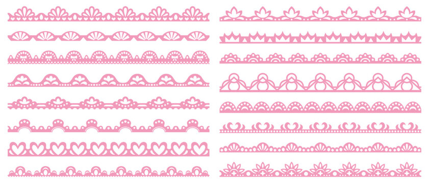 Pink border set with beautiful scallop trim and decorative edges. Lace frame patterns with cute heart shapes, vintage crochet frills and delicate embroidery ribbons for romantic border designs.