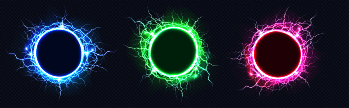 Blue, green and pink light spheres with electric thunder bolt and glowing plasma ring on black background. Realistic vector powerful neon effect of magic portal with bright sparks and abstract rays.
