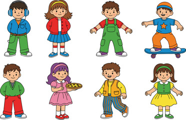 Cute cartoon children characters collection with different outfits and activities, happy playful kids illustration set, colorful childhood characters isolated on white background