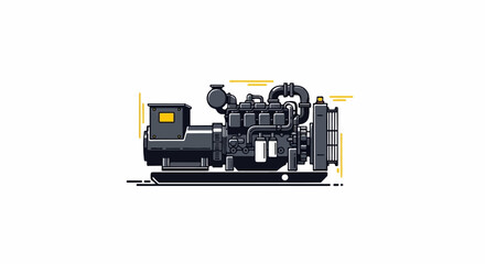 A detailed illustration of a dark gray generator with yellow accents on a white background