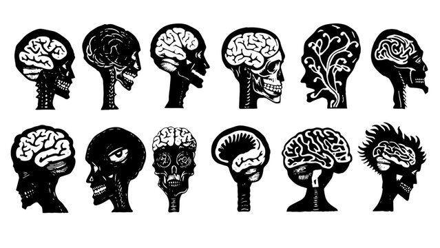Vector doodle black linocut brain character texture, different elements isolated, psych brain concept set