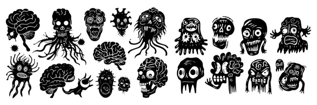 Vector doodle black linocut brain character texture, different elements isolated, psych brain concept set