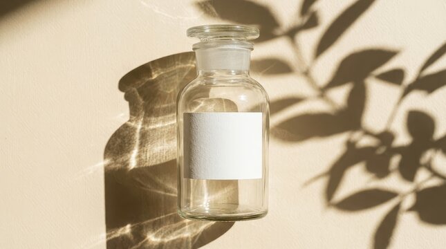 Clear glass bottle with blank label and soft leaf shadows