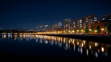 Obraz premium A cityscape at night with glowing buildings and streetlights reflected in the calm water