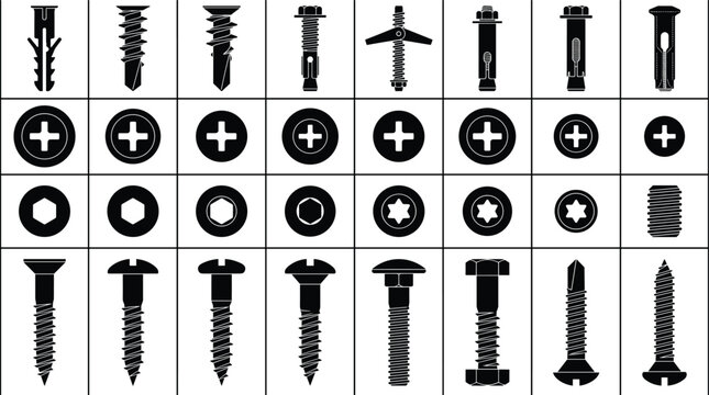 Black silhouette vector collection of various hardware fasteners including screws, bolts, wall anchors, and head types in a grid layout