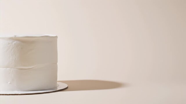 A simple yet elegant white frosted cake, perfect for any celebration, featuring a delicate buttercream texture on a pristine round design with a soft shadow against a neutral background