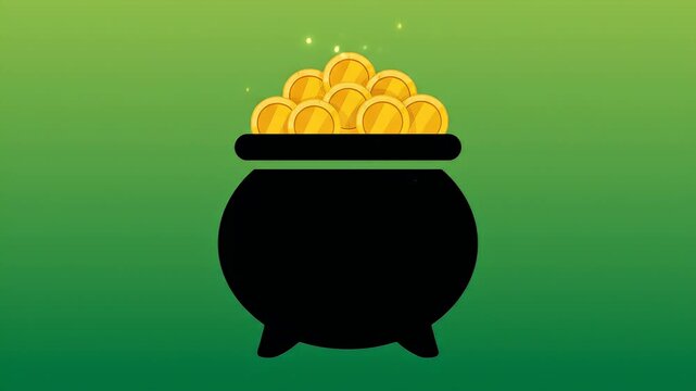 A black pot overflowing with golden coins, symbolizing wealth and good fortune against a gradient green background with sparkling light effects