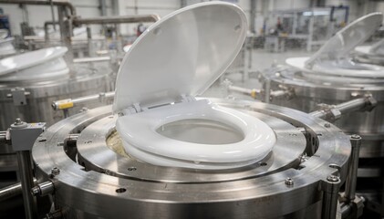 Medium shot of softclose toilet seats being formed in heated compression molds highlighting smooth surface finishing in a clean factory setting.