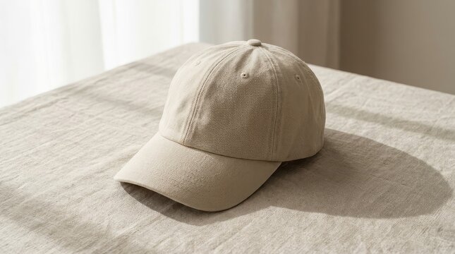 Plain beige baseball cap on textured fabric surface