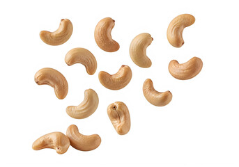 Scattered raw cashew nuts isolated on transparent background, healthy snack