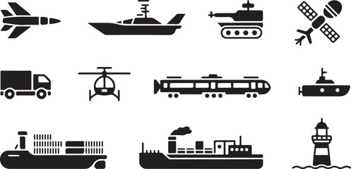 Set of various transportation vehicles and vessels, including airplanes, ships, trains, helicopters © Joynab