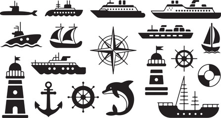 Obraz premium Nautical icons set for sea transport, navigation and marine life