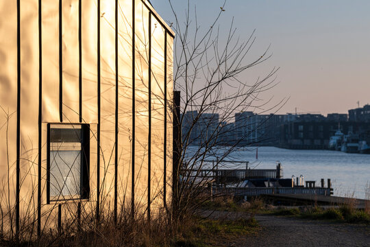 Minimal modern architecture facade with window texture and deep shadow beside trees in Copenhagen Denmark showing clean urban design detail at daylight