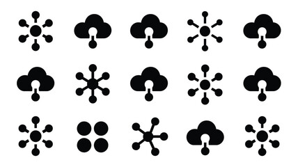 Fototapeta premium Bundle of digital icons featuring cloud and network symbols in black silhouette on white background for technology and communication concepts