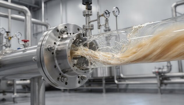 Medium shot showcasing an inline highshear mixer integrating additives seamlessly into a flowing liquid emphasizing continuous production and precision blending in an industrial