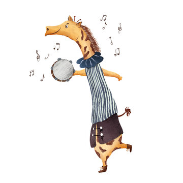Dancing Giraffe hand drawn colorful illustration 