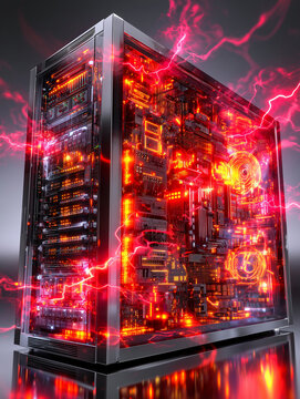 Concept de cyberattaque : rack de serveurs futuriste sous bo&icirc;tier transparent. Composants lumineux et ventilateurs. Intrusion de flux de donn&eacute;es n&eacute;on rouge