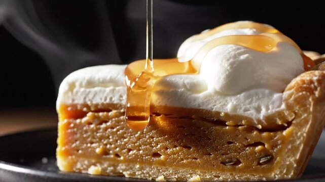 Delicious caramel pecan pumpkin pie dessert with whipped cream and syrup drizzling close-up shot