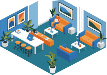 Obraz premium Isometric modern office lounge interior, coworkers relaxing and working in creative workspace waiting area, contemporary business meeting room illustration
