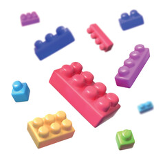 3D kid toys. Brick blocks. Plastic puzzle shapes or cube objects. Kindergarten game box for building. Geometric modular figures floating. Render constructor pieces. Vector elements set © SpicyTruffel