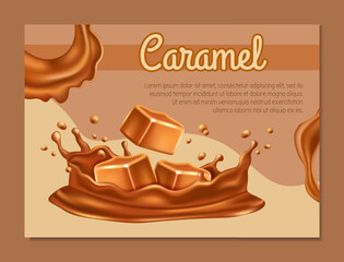 Caramel cubes splash. Banner design with copy space. Realistic isolated elements. Glossy cube pieces in liquid swirl and droplets, sweet sugar confectionery vector template illustration