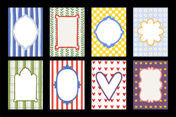 Wavy frames. Scallop pattern border, fun retro shape with abstract geometric edges. Funky pop doodles backgrounds. Childish cards or posters design. Vector isolated templates set