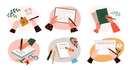 Hands writing on paper. Hand making notes in notebook, diary or sign document, top view. Card writing with pens and stationery, planning and communication. Vector isolated illustration