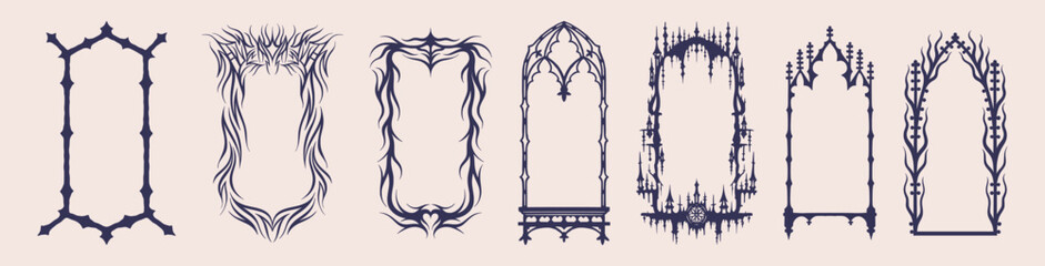 Gothic border. Medieval fantasy frame, spike ornate element or vintage antique filigree ornament. Hand drawn dramatic tattoo. Black silhouette isolated graphic. Vector flat decoration
