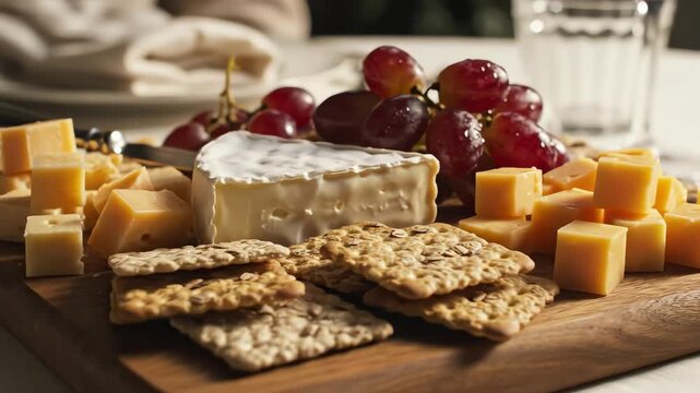 Assortment of cheese crackers grapes displayed on wooden board