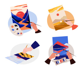 Abstract landscape posters. Human hands painting pictures. Paintbrush and palette. Art studio. Artistic hobby. Nature drawing. Creative workshop. Canvas at easel. Vector concepts set