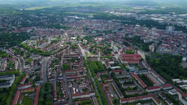 An aerial view beside the old town above the city Schweinfurt , Germany on a sunny day in spring
