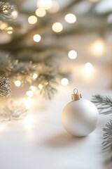 Soft white Christmas ball rests gently on a frosted surface