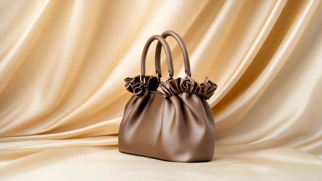 A brown handbag is shown from different angles against a soft fabric background. The design features ribbons and a unique shape