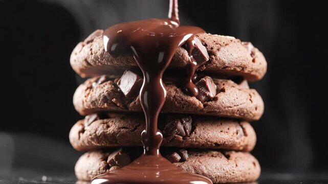 Delicious chocolate chip cookies with melted chocolate droplets cascading over the stacked treats capturing a tempting sweet