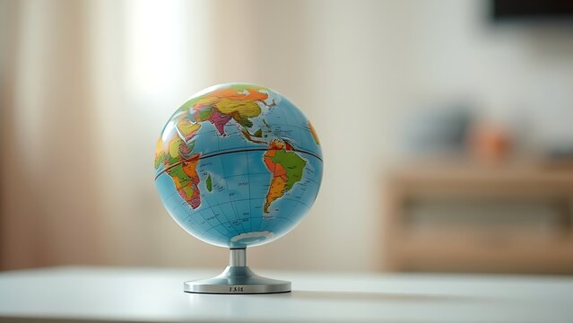 meridian. Miniature globe placed on a plain white surface, symbolizing travel and exploration. tourism brochures.