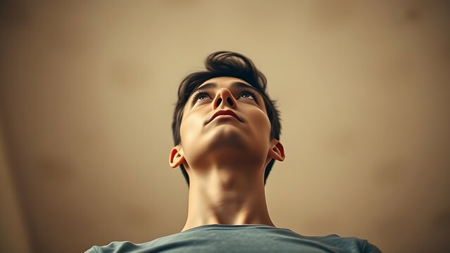 willpower. A determined person looking upward with focus, illuminated by soft light. wellbeing guides, coaching materials, designed for coaching and self-improvement content, clarifies learning.