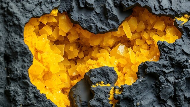cadmium. Geological sample with vibrant yellow mineral crystals forming bands in a dark rock fissure. STEM education sheets.
