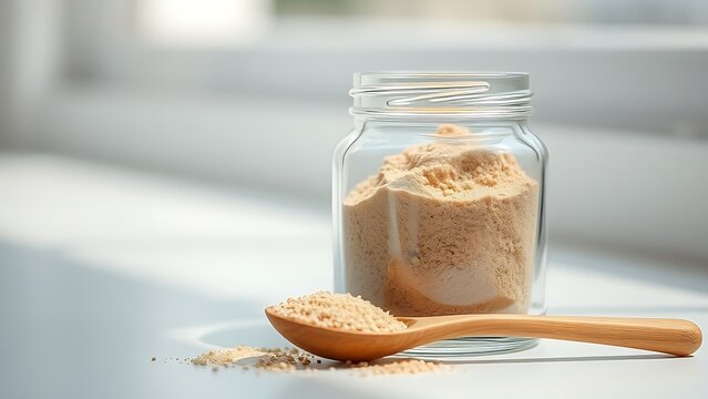 psyllium. Clear glass jar filled with fine brown powder, wooden spoon beside it. menu design, packaging mockups, designed for food delivery and cloud-kitchen brand materials, inspires cooking.