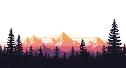 Mountain Range with Silhouetted Pine Trees.